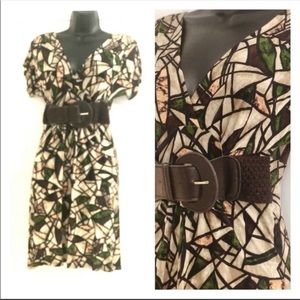 Bella V-neckline Small Dress with attached Brown Belt